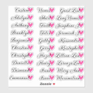 30 Namen Custom Guest List Calligraphy Pink Heart Aufkleber