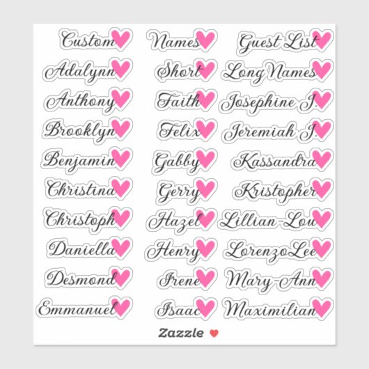 30 Namen Custom Guest List Calligraphy Pink Heart Aufkleber (Blatt)
