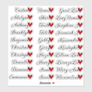 30 Namen Custom Guest List Calligraphy Red Heart Aufkleber
