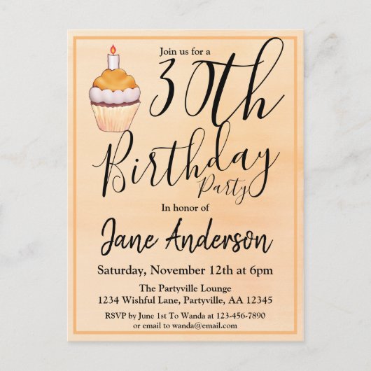 30. Orange Cupcake Geburtstag Einladungspostkarte (Vorderseite)