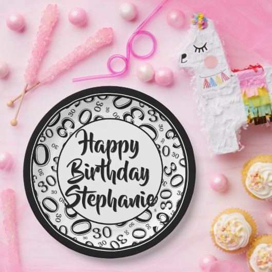 30. Party Random Number Pattern Schwarz/Weiß Pappteller (Party)