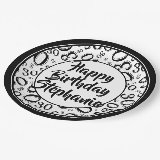 30. Party Random Number Pattern Schwarz/Weiß Pappteller (Schrägansicht)