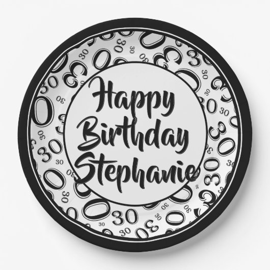 30. Party Random Number Pattern Schwarz/Weiß Pappteller (Vorderseite)