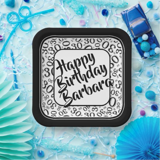 30. Party Random Number Pattern Schwarz/Weiß Pappteller (Party)