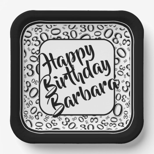 30. Party Random Number Pattern Schwarz/Weiß Pappteller (Vorderseite)