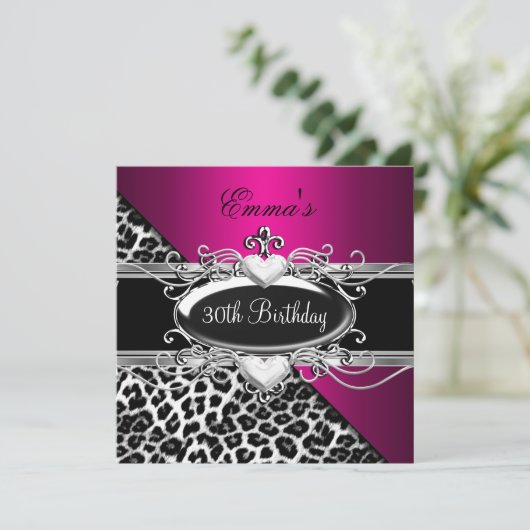 30. Party Silver Pink Schwarz-weiß Leopard Einladung (Stehend Vorderseite)