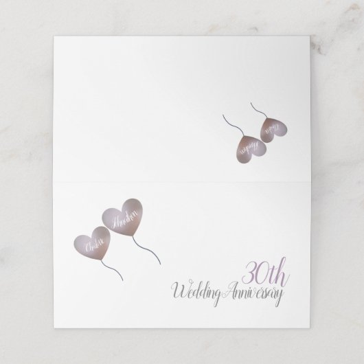 30. Perlenjubiläum lila Herzblasen Platzkarte (Außenseite Aufgefaltet)