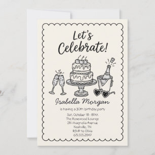 30. Retro-Champagner-Torte-Birthday  Einladung