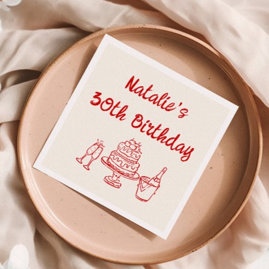 30 Retro Hand gezeichneter Cake Champagne Geburtst Serviette