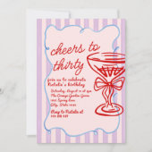 30. Rosa Gezeichnet Champagner Glass Fun Foto Gebu Einladung (Vorderseite)