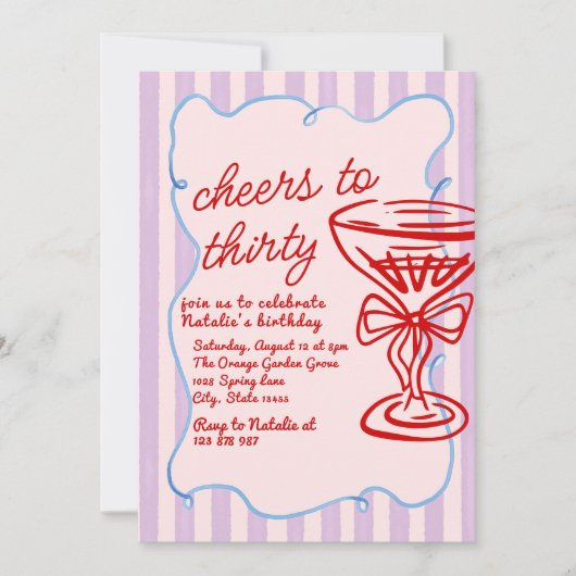 30. Rosa Gezeichnet Champagnerglas Geburtstag Einladung (Vorderseite)