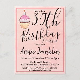 30. Rosa Wasserfarbe Cupcake Geburtstag Einladungspostkarte