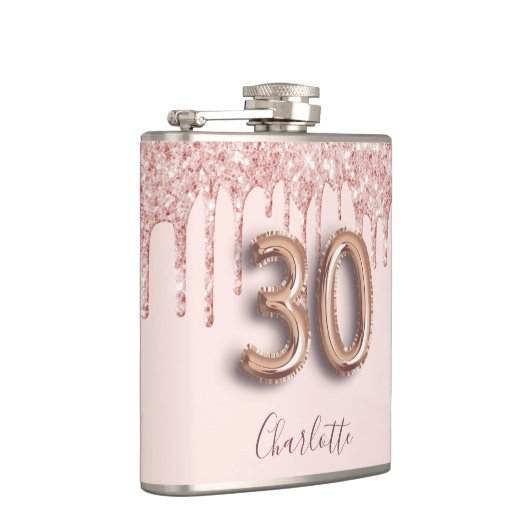 30. Rose Gold Glitzer Rosa Monogramm Glasur Flachmann (Rechts)