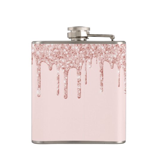 30. Rose Gold Glitzer Rosa Monogramm Glasur Flachmann (Rückseite)