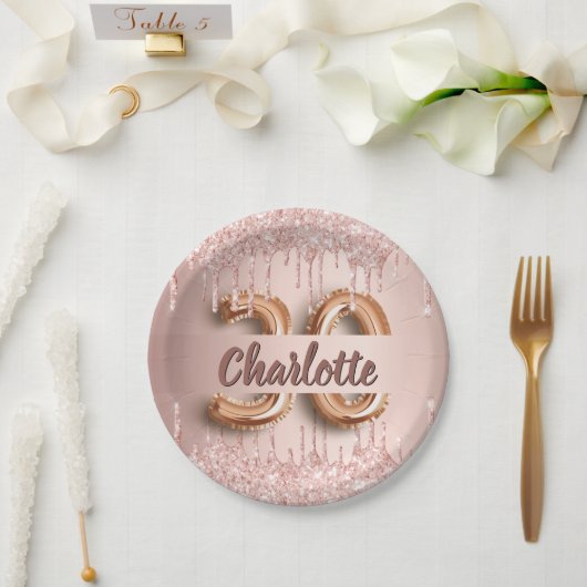 30. Rose Gold Glitzer Tropfen Name Pappteller (Hochzeit)