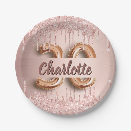 30. Rose Gold Glitzer Tropfen Name Pappteller (Vorderseite)