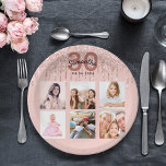 30. Rose Gold Rosa Rosa Foto Pappteller<br><div class="desc">Für ein 30. Geburtstag Party, feiern ihr Leben mit einer Collage von 6 Ihrer eigenen Fotos. Personalisieren und fügen Sie einen Namen, Alter 30 und ein Datum. Geburtsdatum oder Geburtsdatum des Party. Dunkle Rose goldfarbene und schwarze Buchstaben. Eine trendige Rose goldfarben Hintergrund mit Tropfen, Farbe Tropfen in Rosa und Rose...</div>