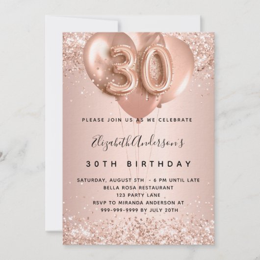 30. Rose Goldballons Luxus Einladung (Vorderseite)