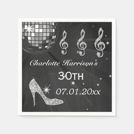 30. Schwarz/Silberdisco-Ball und Sparkle-Heels Serviette (Vorderseite)