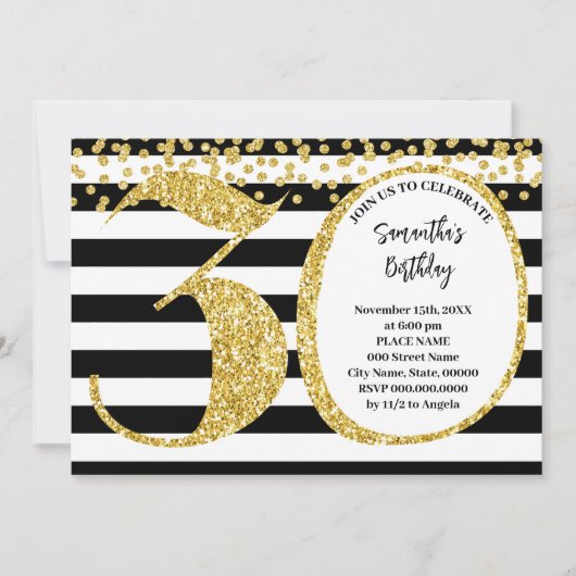 30. Schwarz-weißer und Gold Glitzer Moderner Gebur Einladung (Vorderseite)