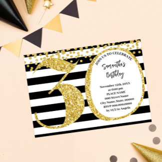 30. Schwarz-weißer und Gold Glitzer Moderner Gebur Einladung