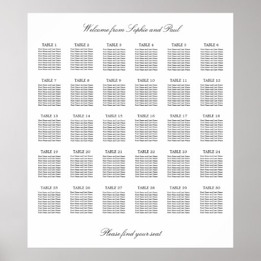 30 Tabelle Elegantes Minimalistisches Sitzdiagramm Poster (Vorne)