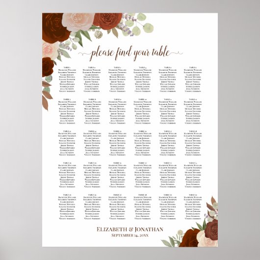 30 Tabelle Rustikale Fall Rose Hochzeitsdiagramm Poster (Vorne)
