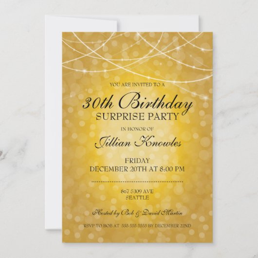 30. Überraschendes Party Gold Bokeh String Lights Einladung (Vorderseite)