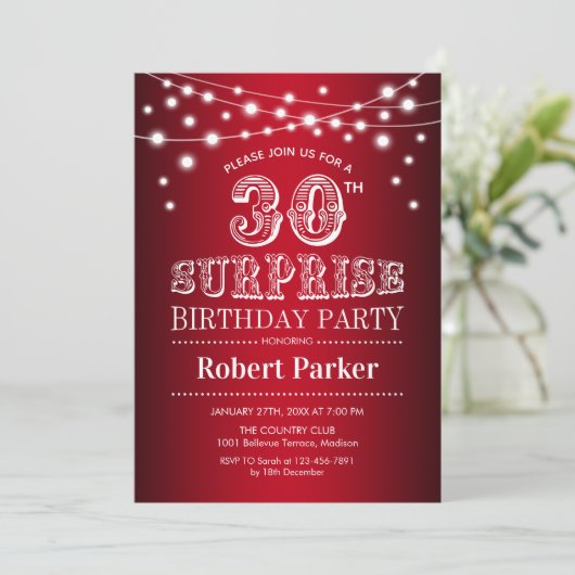 30. Überraschung Geburtstag - Schwarz-Weiß Einladung (Stehend Vorderseite)