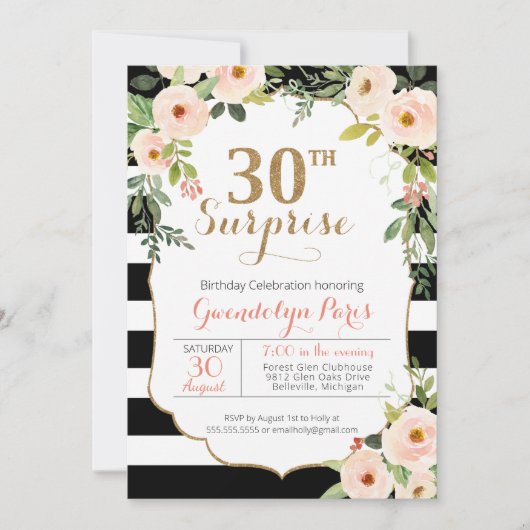 30. Überraschung Schwarz-weißer Streifen Blumengeb Einladung (Vorderseite)