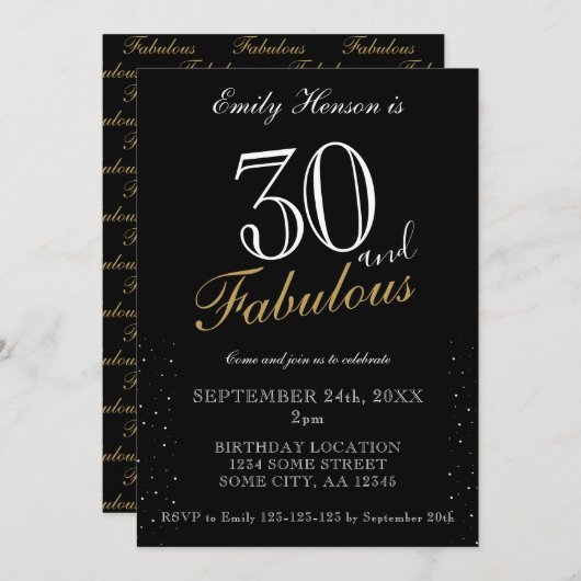 30 und Fabulous Black Elegant Script Geburtstag Einladung (Vorne/Hinten)