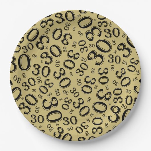 30. Zufallszahlenmuster Schwarz/Gold Pappteller (Vorderseite)