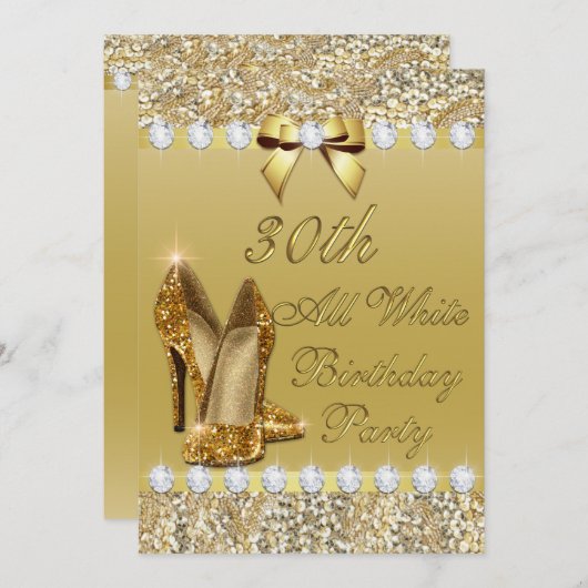 30th All White Birthday Gold Heels Sequin Diamonds Einladung (Vorne/Hinten)