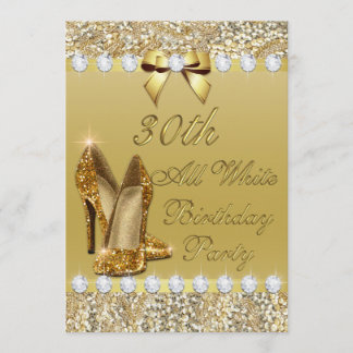 30th All White Birthday Gold Heels Sequin Diamonds Einladung