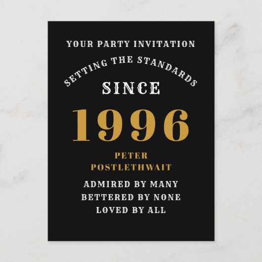 30th Birthday 1996 Black Gold Invitation Postkarte (Vorderseite)
