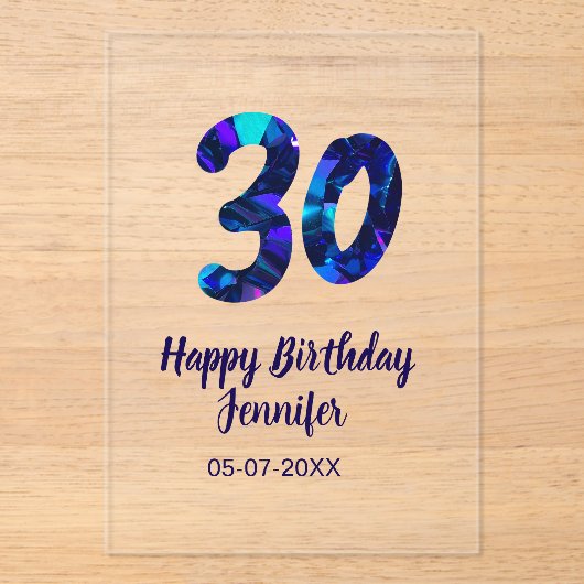 30th birthday add name date year blue sparkle  acryleinladungen (Vorderseite)