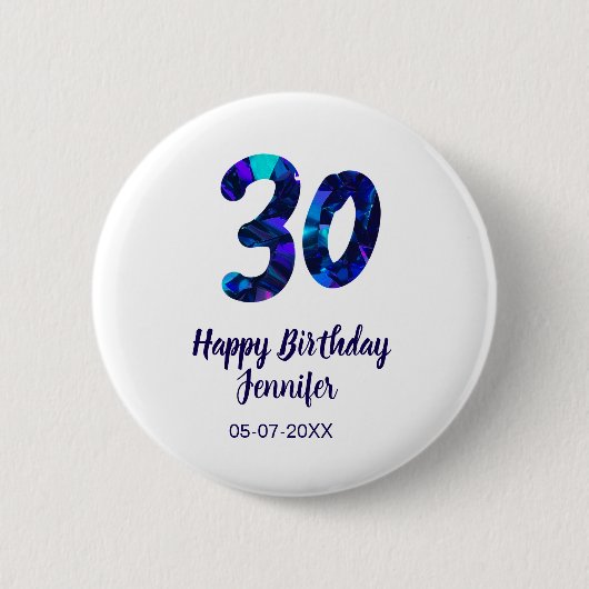 30th birthday add name date year blue sparkle  button (Vorderseite)
