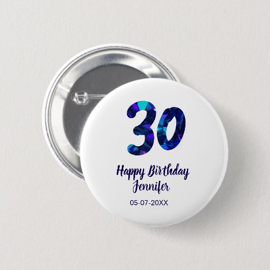 30th birthday add name date year blue sparkle  button (Vorne & Hinten)