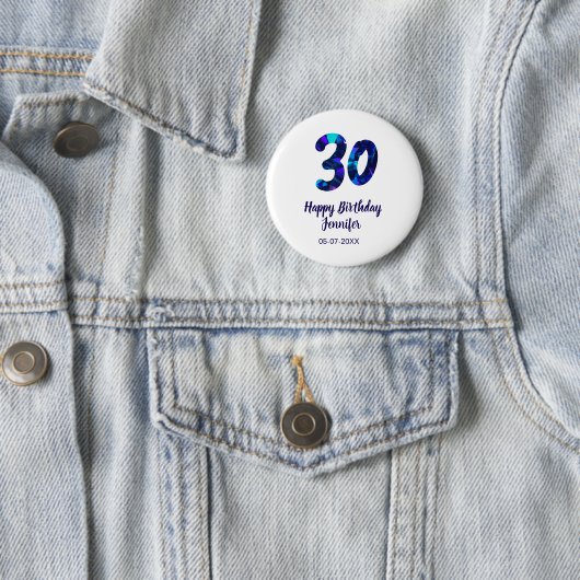 30th birthday add name date year blue sparkle  button (Beispiel)