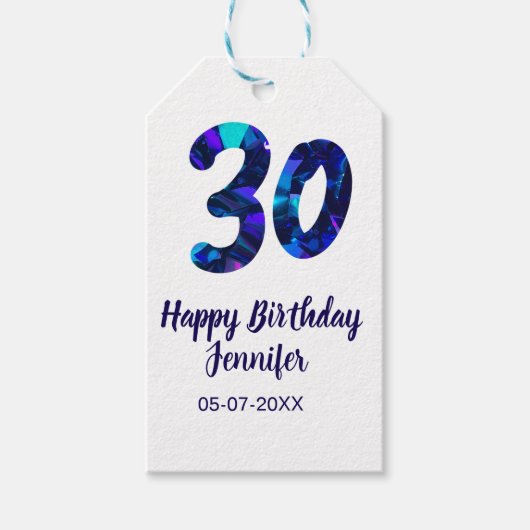 30th birthday add name date year blue sparkle geschenkanhänger (Vorderseite)