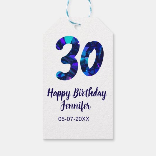 30th birthday add name date year blue sparkle  geschenkanhänger (Rückseite)