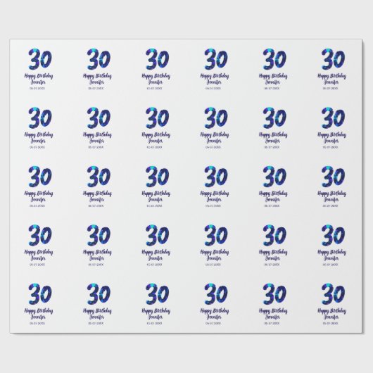 30th birthday add name date year blue sparkle geschenkpapier (Flach)