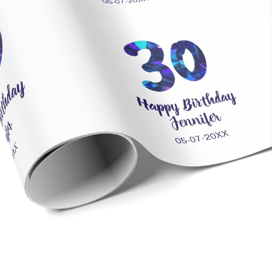 30th birthday add name date year blue sparkle geschenkpapier (Rolleneckpunkt)