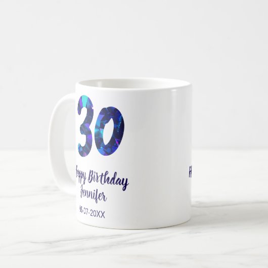 30th birthday add name date year blue sparkle kaffeetasse (Vorderseite Links)