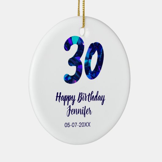 30th birthday add name date year blue sparkle keramik ornament (Rechts)