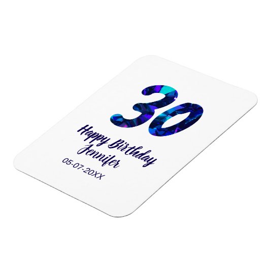 30th birthday add name date year blue sparkle magnet (Linke Seite)