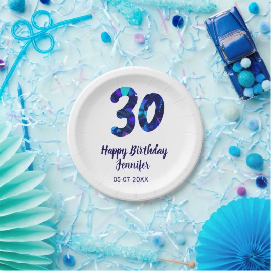 30th birthday add name date year blue sparkle  pappteller (Party)