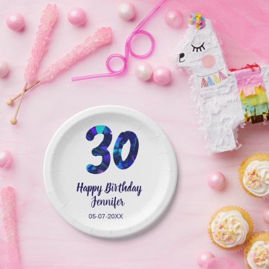 30th birthday add name date year blue sparkle pappteller (Party)