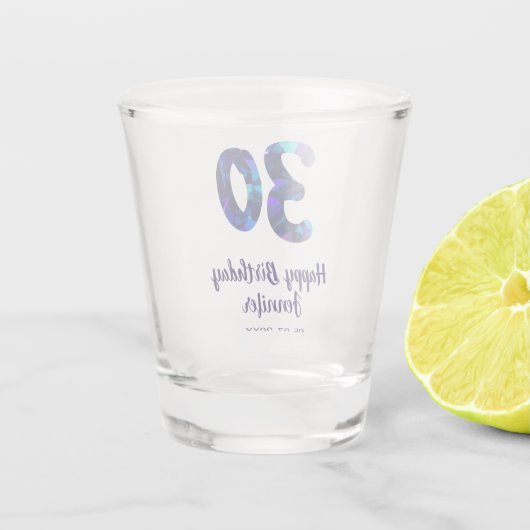 30th birthday add name date year blue sparkle schnapsglas (Rückseite)