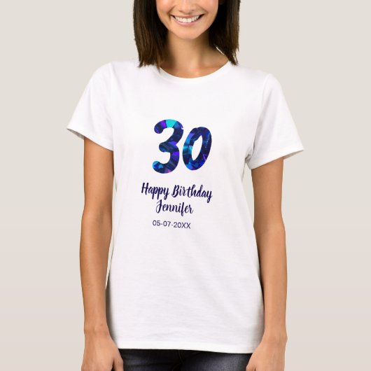 30th birthday add name date year blue sparkle T-Shirt (Vorderseite)